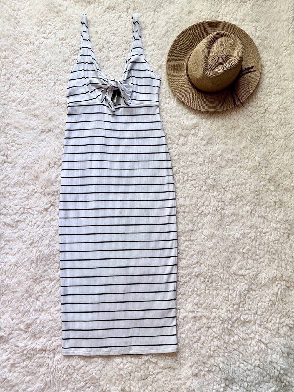 Express NWT Striped Tie Front Cutout Midi Dress Small Black White Ribbed Bodycon